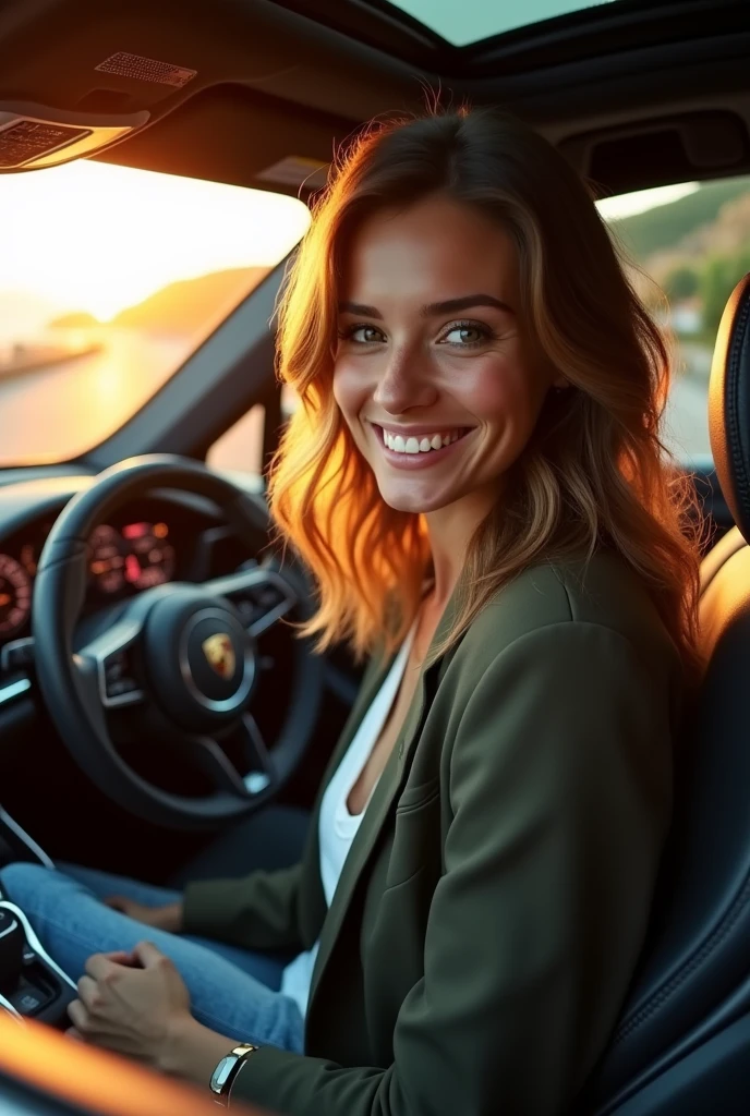 Hyper-realistic selfie of a young woman (30years) with wavy brown hair and green eyes, wearing a stylish blazer, inside a Porsche Panamera S Turbo E-Hybrid. Camera angle 3/4, capturing his confident smile as his left hand rests on the leather steering wheel. The luxurious interior of the car is highlighted, with a focus on the high-tech instrument panel and panoramic sunroof. The golden sunset light shines through the windows, creating a warm glow inside. Through the windshield, you can see a stunning coastal road. photography hight quality, Sharp, with vibrant colors and balanced contrast.