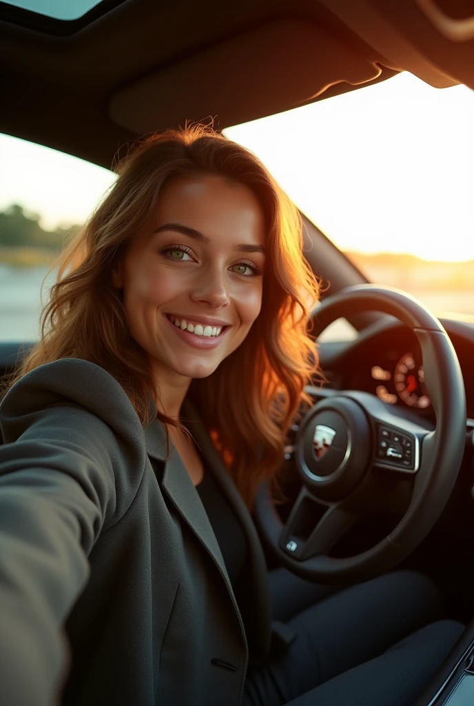 Hyper-realistic selfie of a young woman (30years) with wavy brown hair and green eyes, wearing a stylish blazer, inside a Porsche Panamera S Turbo E-Hybrid. Camera angle 3/4, capturing his confident smile as his left hand rests on the leather steering wheel. The luxurious interior of the car is highlighted, with a focus on the high-tech instrument panel and panoramic sunroof. The golden sunset light shines through the windows, creating a warm glow inside. Through the windshield, you can see a stunning coastal road. photography hight quality, Sharp, with vibrant colors and balanced contrast.