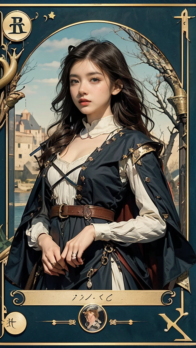 Highest quality、masterpiece、タロットcard、Balance scale、(Morgan Greer Tarot:1.2)、Retro art style、Thick outline、English text、Roman numerals、card、(Fit the frame properly:1.2)、(タロットcard風の枠:1.5)、((Medieval Europe、Lone wolf、Beautiful wild woman:1.5))