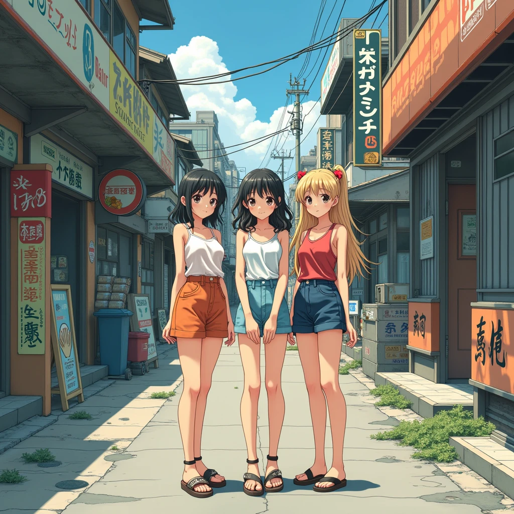 ((masterpiece、Highest quality))、Beautiful girls gather.、Three girls in summer clothes、(Showa Retro:1.2)、(Detailed and cute face:1.3)、(Poor conditions、smile、Japan's poor neighborhoods、Dim and unsanitary、Standing Bar、みんなで楽しくdiet、Crumbling underground shopping mall:1.3)、屋台のdiet店、stage、sewage、Dirty shop、street vendors、Unsanitary and abandoned city、smile、diet、Poor person々