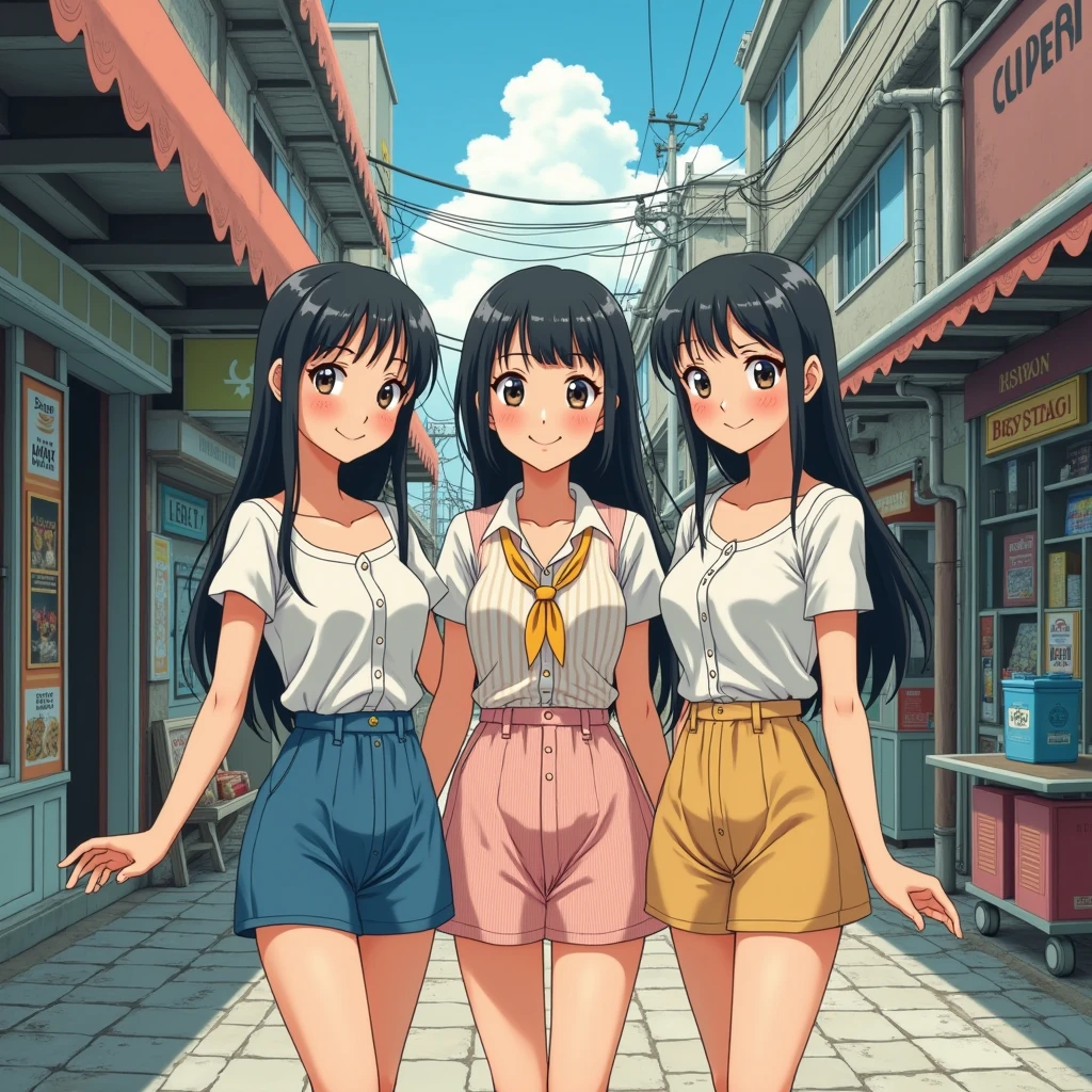 ((masterpiece、Highest quality))、Beautiful girls gather.、Three girls in summer clothes、(Showa Retro:1.2)、(Detailed and cute face:1.3)、(Poor conditions、smile、Japan's poor neighborhoods、Dim and unsanitary、Standing Bar、みんなで楽しくdiet、Crumbling underground shopping mall:1.3)、屋台のdiet店、stage、sewage、Dirty shop、street vendors、Unsanitary and abandoned city、smile、diet、Poor person々