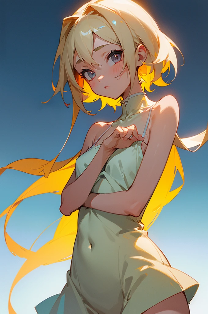 (extremely detailed CG), [standing portrait, upper body, close-up of girl:0.4], slim body, camisole dress, gradient background, anime character, character design, perfect hands, (cute girl:1.1), perfect light
