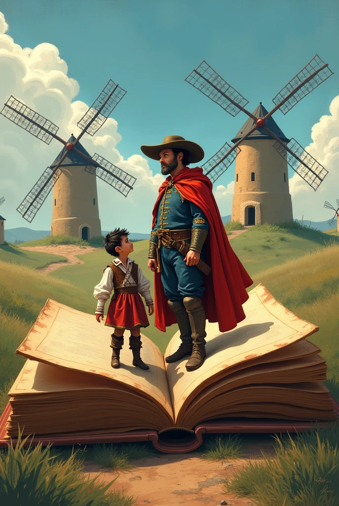Create an image of Don Quixote, Sancho and Dulcinea emerging from a book could be picsar style. Place windmills