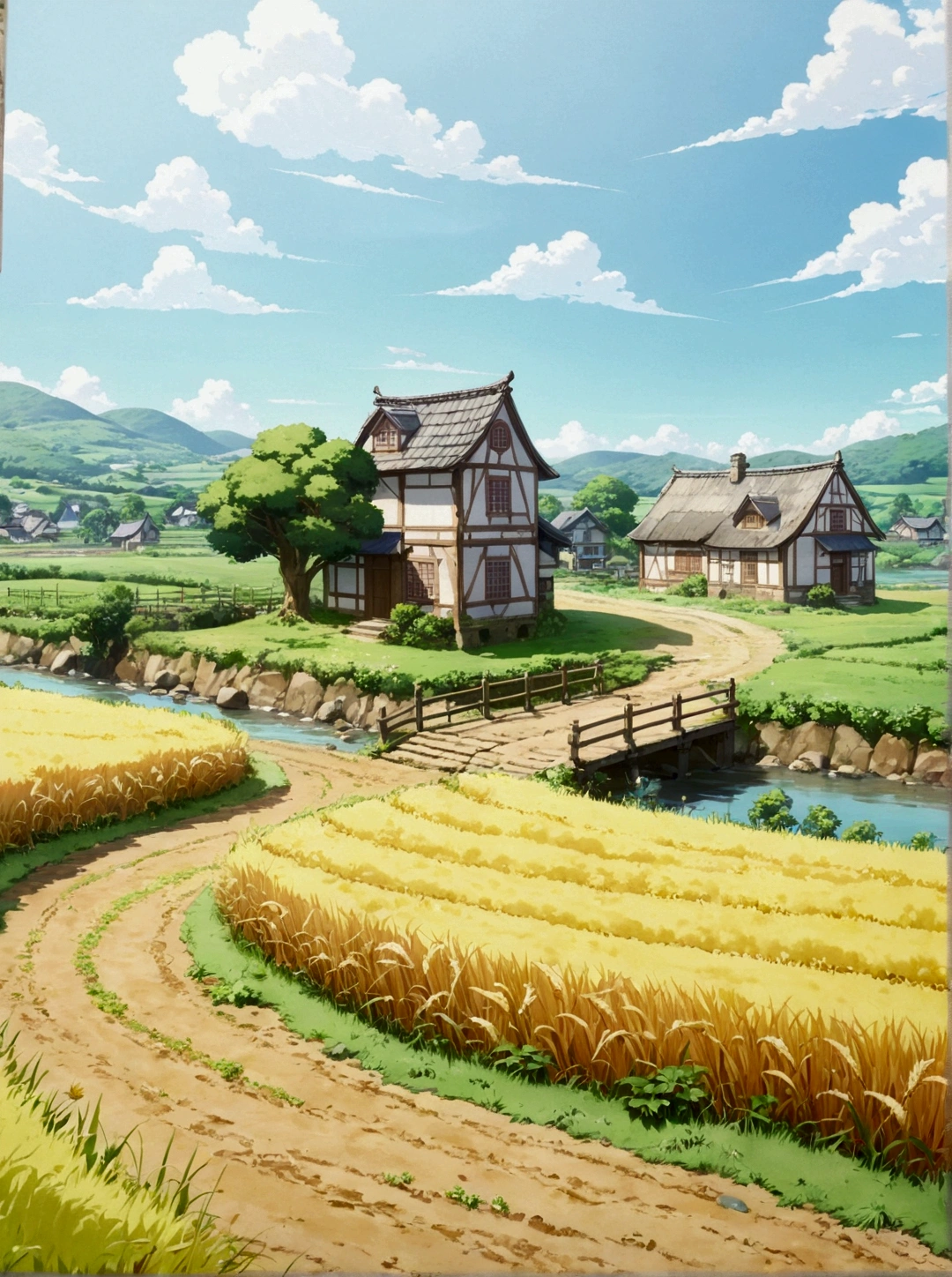 painting of a rural scene with a river and a house, anime countryside landscape, distant village background, anime background art, background art, anime scenery concept art, town background, art style of rune factory 5, anime scenery, beautiful anime scenery, anime landscape, scenery artwork, rune factory 5, anime background, background artwork, some houses in the background