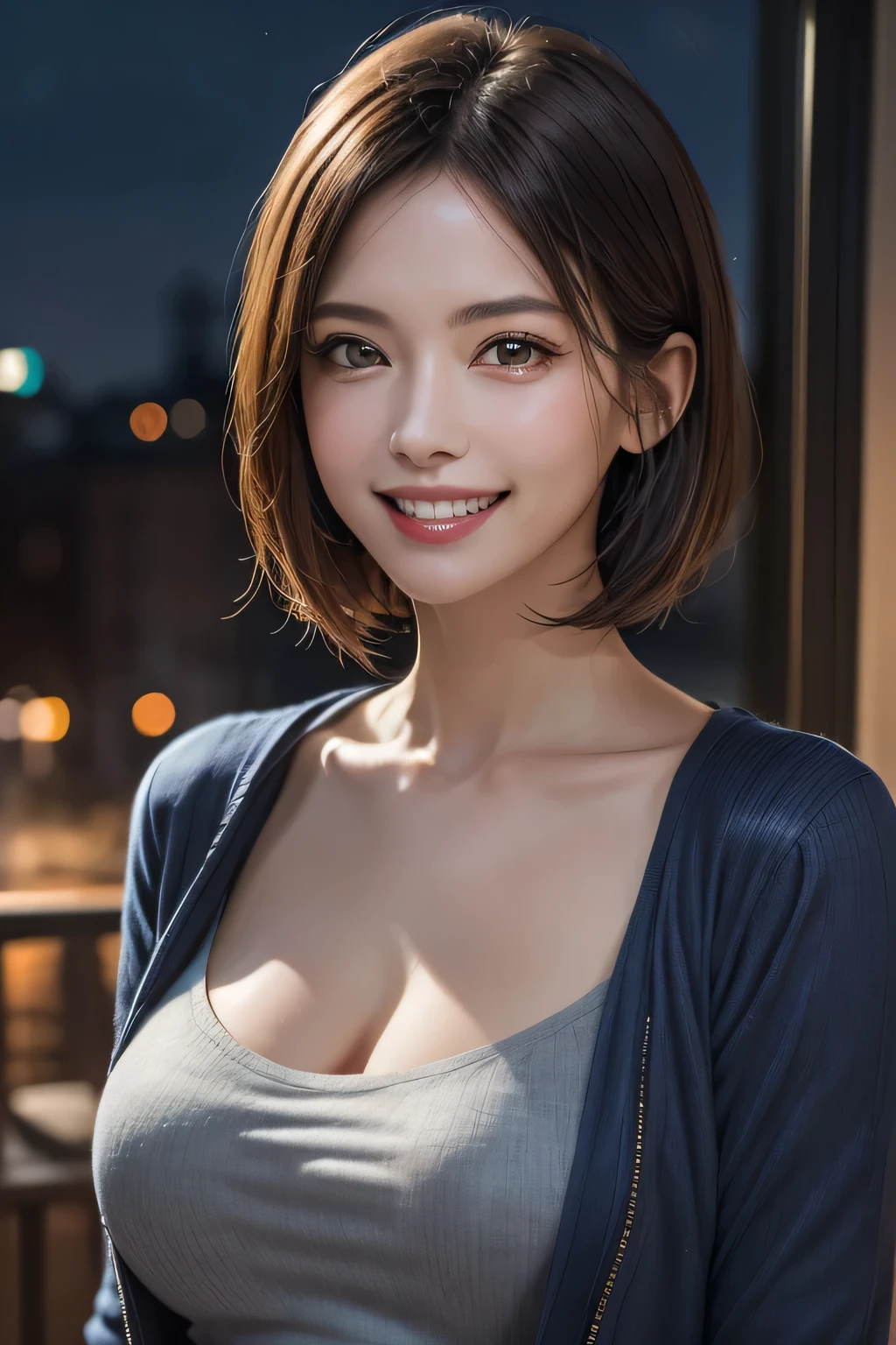 (highest quality, 8k, 32K, masterpiece), (Realistic), (Realistic:1.2), (High resolution), (night:1.7), Japan, cyber punk, 街の景Farbe, In front of the window,Wooden floor, Blue jacket, Grey Shirt, clavicle, jewelry, gem, Brunette Bob, 1 female, 4, (Grin), Beautiful body, beautifulNose, beautifulcharacter design, Perfect Eyes, perfectface, Expressive eyes, View your audience, Center the image, (Cowboy Shot), Official Art, Very detailed CG Unity 8k wallpaper, Perfect lighting,Farbeful, bright_front_face_Lighting,Glowing Skin, (masterpiece:1.0),(Highest_quality:1.0), 超High resolution,4K,Very detailed, photograph, 8k, High resolution, High resolution, absurdes:1.2, Kodak Port 400, Film Grain, Blurred Background, bokeh:1.2, Lens flare, (Vibrant_Farbe:1.2) (beautiful,chest), (beautiful_face:1.5),(narrow_Waist)