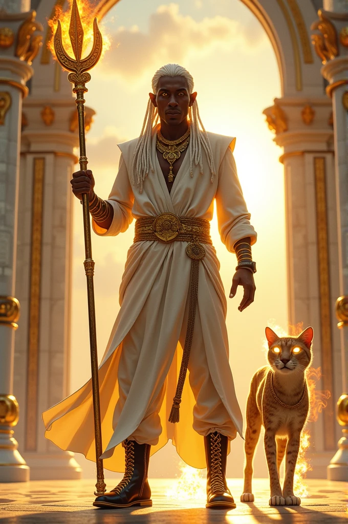 main character:
A Sun Elf with dark skin and long white braids. He wears a perfectly fitting white shirt., with a wide collar and sleeves that reach halfway up the arms. The lower part of her outfit consists of white pants and black boots with warm-toned accents., referring to the power of the sun.
He has piercing golden eyes, a slender face with elegant features and a mysterious and menacing expression.
The character is in a firm posture, holding a shining spear with solar motifs, that is stuck in the ground, radiating powerful solar energy.
Family Spirit:
Beside him, in a slightly rearward position and in a state of alert, there is a spiritual cheetah, with golden eyes that reflect the sunlight. The spirit is enveloped in white flames, symbolizing purity and power, and is in a guard posture, ready to protect the elf.
Scenario:
The image takes place in Aurelion Heliandor, the capital of the Empire of the Sun. The background shows majestic white marble buildings, with gold details that capture and reflect sunlight, creating a dazzling glow across the entire scene. The structures are tall and imposing, with arches and towers that recall the splendor of an empire fueled by the power of the sun.
The surroundings are bathed in golden light, with a clear sky and few clouds, all referring to the sun's dominance over the city.
This description captures the grandeur, the power and mystical aura of the Sun Elf and his familiar in a majestic setting, combining fantasy elements with striking visual details