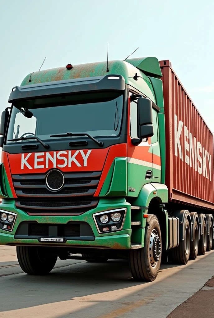 Un camion container vert et rouge
sur qui
Kensky est ecrit en gros