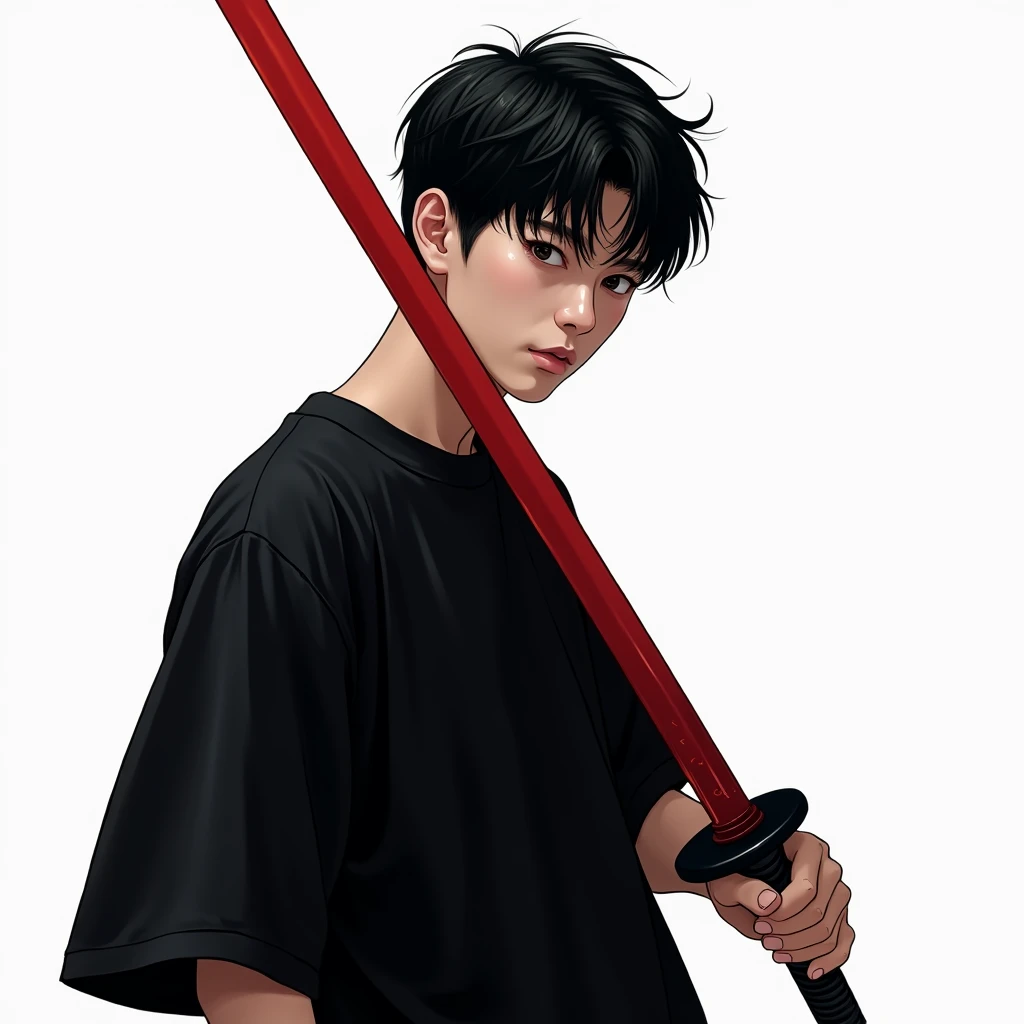 Korean male teenager wearing black shirt with cold and indifferent expression ,ultra HD,ultra 4k,realistic, white background, waist-length photo,both pose the hand holding the red katana on the right