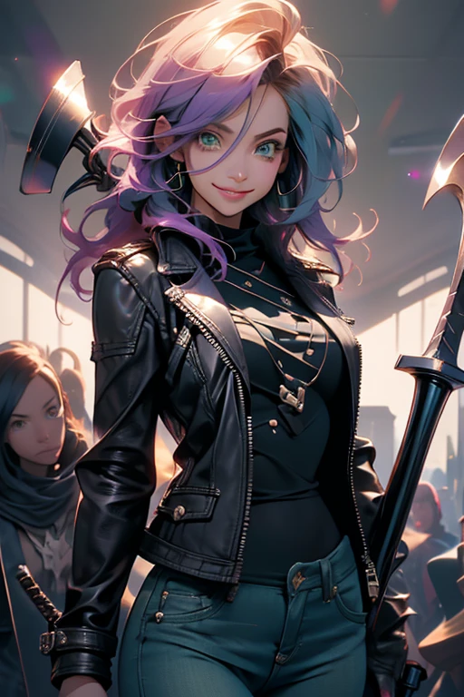 Perfect face. Perfect hands. A light purple haired woman with green eyes and an hourglass figure in a leather jacket and jeans is smiling while holding her scythe in a haunted house.
