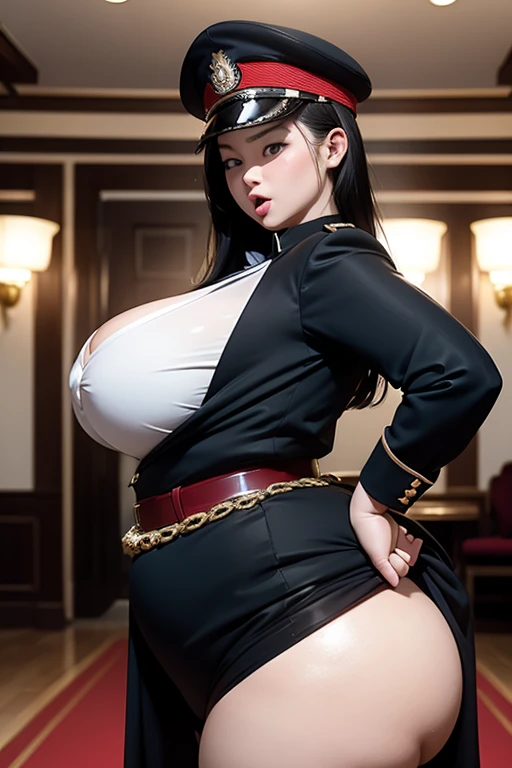 ???? bbw girl standing in a wedding hall wearing military uniform, Close your eyes, sweat and look miserable, Open your mouth and stick your tongue out, Emphasize huge ????