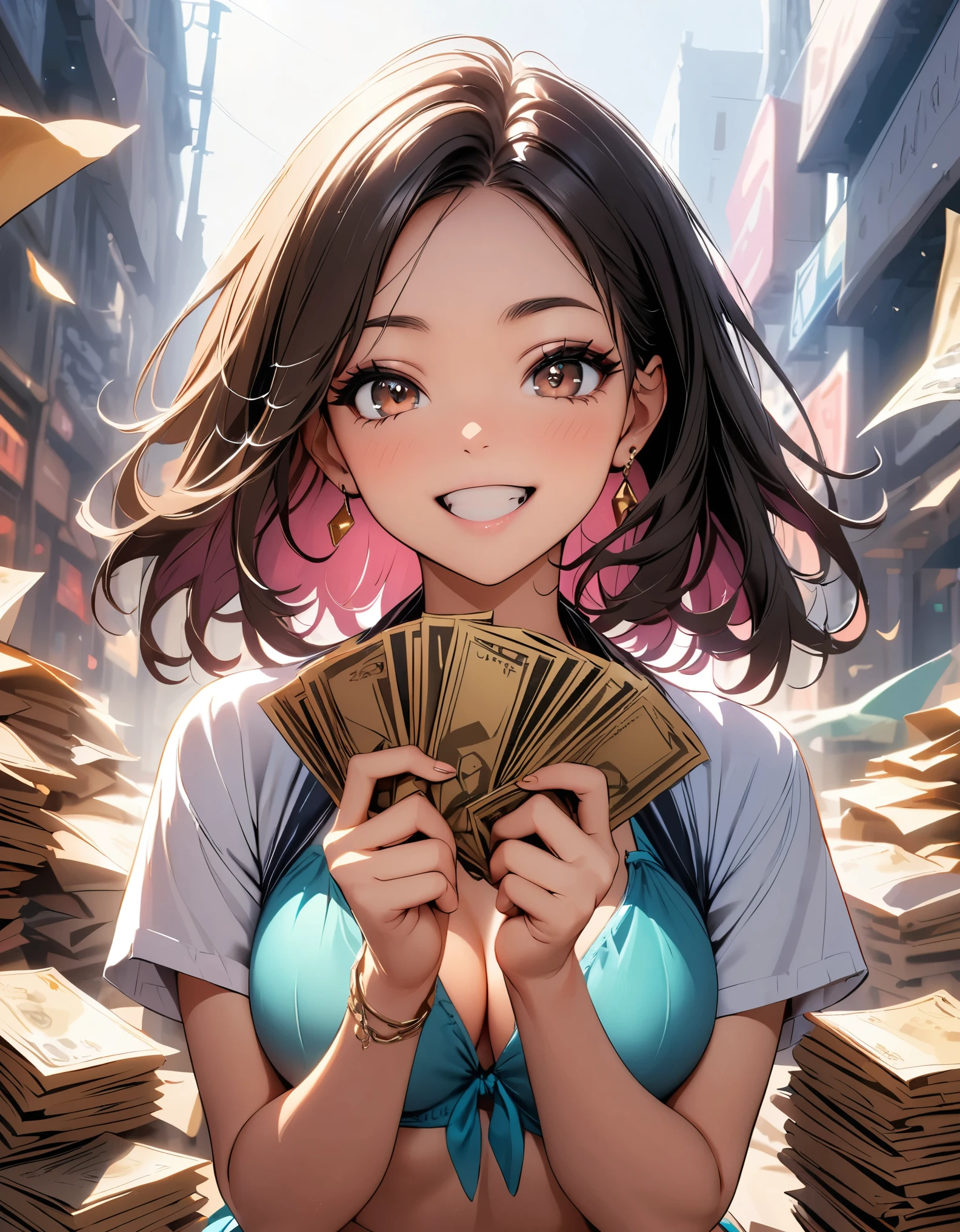 (Highest quality:1.2, Very detailed, up to date, Vibrant, Ultra-high resolution, High Contrast, masterpiece:1.2, Best aesthetics), (((1 person, beautiful girl))), super beautiful, A woman holding a lot of banknotes in both hands, Pile of bills, Holding a stack of bills, A big smile, Open your mouth, joy, Beautiful eyelashes, Beautiful brown eyes, Sparkle in the eyes, bikini, Achievers, into gold,  Chiaroscuro, Random Pause, 