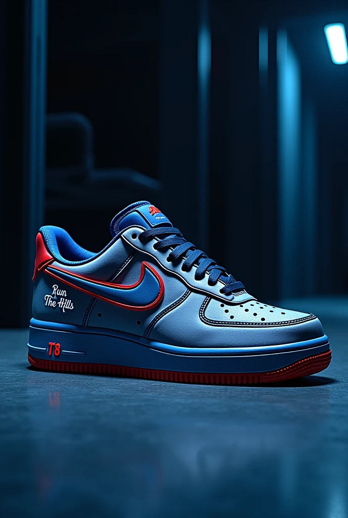 design for me an air force 1 show. Make it a Tate mcrae ( the singer) theme from the video run for the hills on youtube design colored by dark blue, white, black and red with the text: run for the hills. I want another text: T8. Make the most beautiful show that ever created