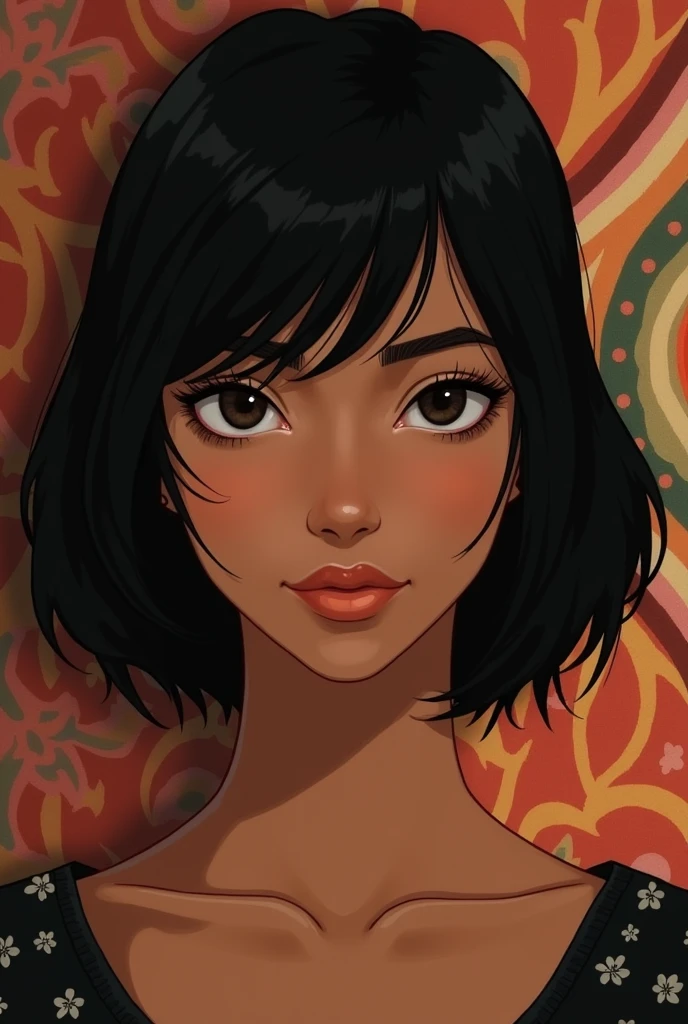  shoulder length hair and bangs above the eyebrow black color brown skin color lighter

