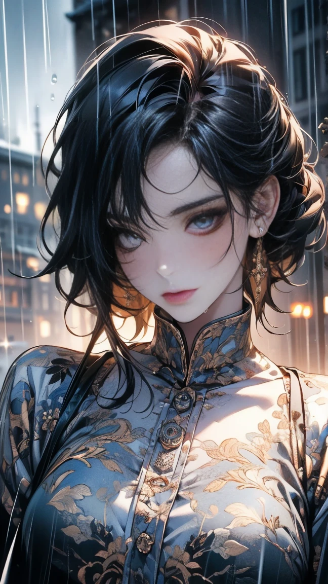 ((highest quality)), ((masterpiece)), (be familiar with), Perfect Face, (High definition), (Best Shadow), 8k, cinematic, (Realistic:1.4),dramatic, (Rainy day), A woman 20 years old, Black hair, Amber color eyes, Squared down on a tall building, wearing a full black suite, Her curves can be seen thought it, She was holding a katana