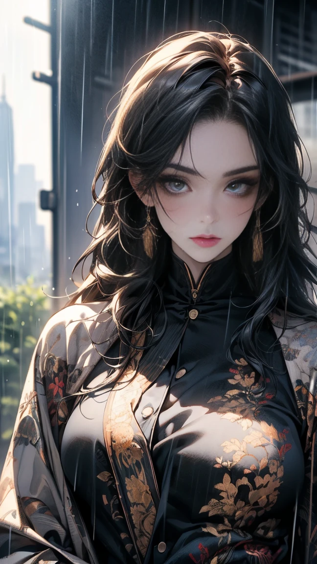 ((highest quality)), ((masterpiece)), (be familiar with), Perfect Face, (High definition), (Best Shadow), 8k, cinematic, (Realistic:1.4),dramatic, (Rainy day), A woman 20 years old, Black hair, Amber color eyes, Squared down on a tall building, wearing a full black suite, Her curves can be seen thought it, She was holding a katana