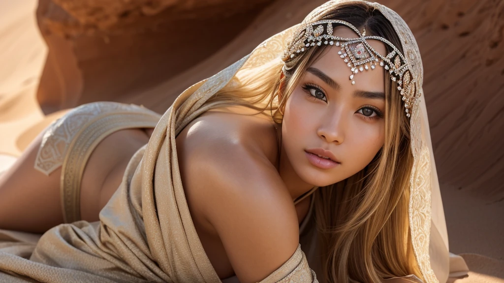Create a highly detailed and realistic image of an 18-year-old Japanese girl as a desert nomad queen. She should be 180 cm tall, weigh 45 kg, and have a smooth, light complexion. Her straight, long blonde hair is pulled into a sleek, high bun with a desert-themed headpiece crowning her head. Her graceful, diamond-shaped face has high cheekbones, a small, delicate nose, and full, well-defined lips. Her large, expressive brown eyes feature detailed irises and long eyelashes. Her physique is athletic yet feminine, with big-sized, round breasts. She is dressed in a long, flowing robe with intricate patterns and a deep hood, the fabric catching the light in the desert sun. The desert should be depicted with intricate details—fine grains of sand, distant dunes, and a vivid horizon under a clear sky. The image should be ultra-high definition (4k, 8k) with soft, natural lighting to highlight her skin texture, hair shine, facial details, and the desert's texture.