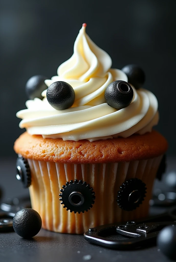 Cream cupcake with black motorcycle accessories