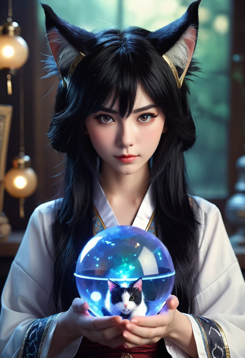 Monster Girl, Cat ear,20th Generation, fortune teller,Realistic Women, Black Hair,cute,front