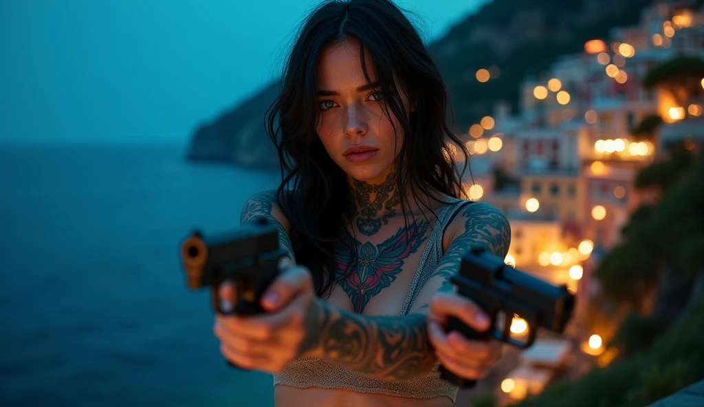 tatuados,Very beautiful big breasts、Run(Two guns in each hand)(Very large bust),(Many tattoos on both arms and neck)、Torn clothing (Amalfi Coast at night(Italy) - Colorful townscape along the cliffs and blue sea),Candlelight only,Very detailed, 18-year-old, A beautiful woman,Depressed face, Black Hair,Wavy Hair, blue eyes, High resolution, masterpiece, Highest quality, Intricate details, Very detailed, Clear focus, Delicate skin, practical skin texture, texture, Delicate eyes, Professional, 8k, Sad face,despair、 Shot with Canon, 85mm, Shallow and deep, Kodak Vision Color, Exactly, Very detailed, photograph_\(Extremist\), photographpractical, practical, Post-processing, Maximum details, Roughness, Real Life, Extremist practical, Photorealism, photographgraphy, 8k ウルトラ HD, photographgraphy