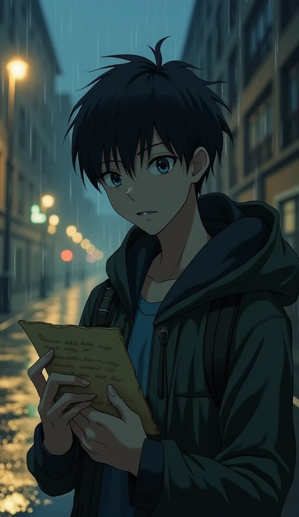 A young man with short, messy black hair, wearing a school uniform, stands alone on a rainy street. His eyes are filled with sorrow and longing as he clutches an old letter to his chest. The wet pavement reflects the dim streetlights, adding to the melancholic atmosphere. [Anime style, inspired by Studio Ghibli and Neon Genesis Evangelion], [Cool, muted colors, focus on the man’s expression, raindrops in the foreground, detailed reflections, soft light diffusion]