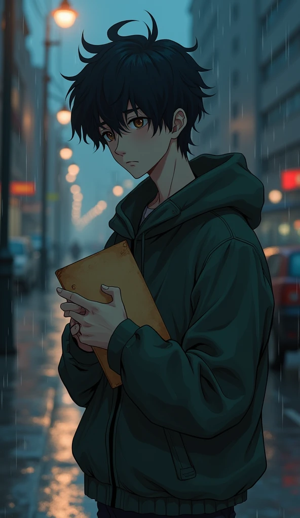 A young man with short, messy black hair, wearing a school uniform, stands alone on a rainy street. His eyes are filled with sorrow and longing as he clutches an old letter to his chest. The wet pavement reflects the dim streetlights, adding to the melancholic atmosphere. [Anime style, inspired by Studio Ghibli and Neon Genesis Evangelion], [Cool, muted colors, focus on the man’s expression, raindrops in the foreground, detailed reflections, soft light diffusion]