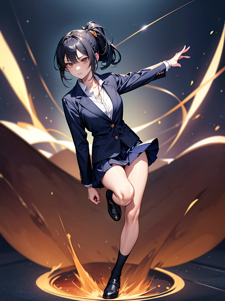 One Fighting Girl, ponytail, Black Hair, Slender body,Thin chest,Slanted Eyes, Thin chest, height: 155cm,Illustration effect, High School Uniform,Navy Blue Blazer,White blouse,Orange bow ribbon,Gray knee-length flared skirt,Navy blue knee socks,Black shoes,High Speed Kung Fu Stance,Aura-filled high kick,High resolution, masterpiece, Accurate, Anatomically correct, number々Awards, Highest quality, corruption, detailed, High resolutionモデル, 高いdetailed, retina, Very detaileded, Textured skin, 超High resolution, vision, Background Blur, Lens flare, Anatomically correct, Anime Style, 