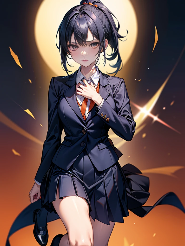One Fighting Girl, ponytail, Black Hair, Slender body,Thin chest,Slanted Eyes, Thin chest, height: 155cm,Illustration effect, High School Uniform,Navy Blue Blazer,White blouse,Orange bow ribbon,Gray knee-length flared skirt,Navy blue knee socks,Black shoes,High Speed Kung Fu Stance,Aura-filled high kick,High resolution, masterpiece, Accurate, Anatomically correct, number々Awards, Highest quality, corruption, detailed, High resolutionモデル, 高いdetailed, retina, Very detaileded, Textured skin, 超High resolution, vision, Background Blur, Lens flare, Anatomically correct, Anime Style, 
