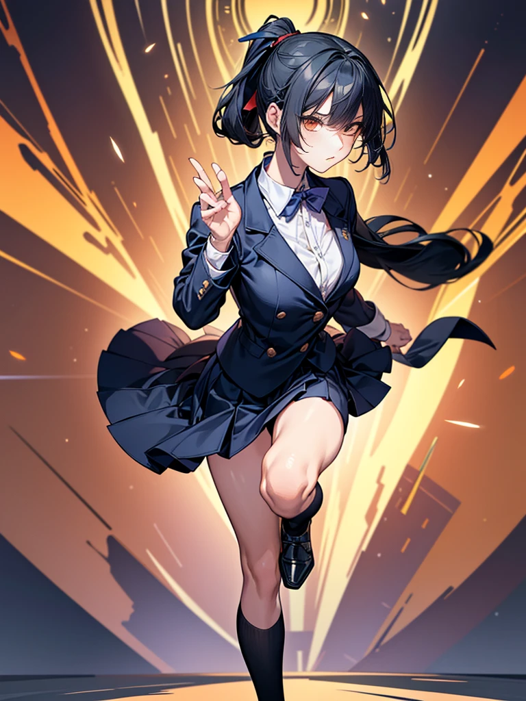 One Fighting Girl, ponytail, Black Hair, Slender body,Thin chest,Slanted Eyes, Thin chest, height: 155cm,Illustration effect, High School Uniform,Navy Blue Blazer,White blouse,Orange bow ribbon,Gray knee-length flared skirt,Navy blue knee socks,Black shoes,High Speed Kung Fu Stance,Aura-filled high kick,High resolution, masterpiece, Accurate, Anatomically correct, number々Awards, Highest quality, corruption, detailed, High resolutionモデル, 高いdetailed, retina, Very detaileded, Textured skin, 超High resolution, vision, Background Blur, Lens flare, Anatomically correct, Anime Style, 