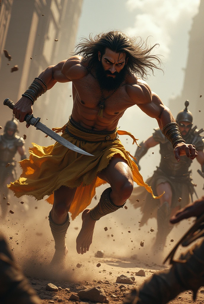 Lakshman holding a knife chasing and slashing enemies