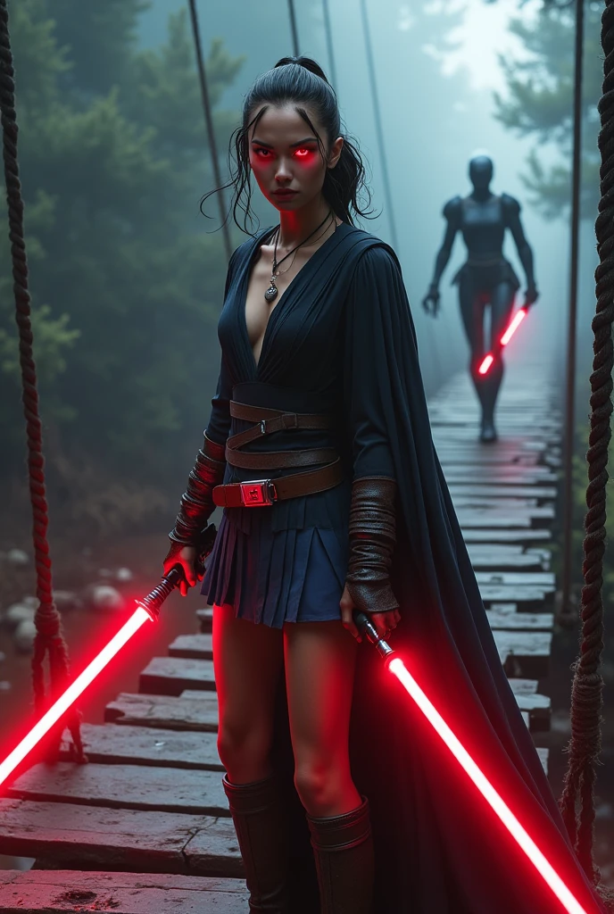 Sith Rey Skywalker, red eyes, holding a red lightsaber, wears a cleaveage dark blouse, and a mini blue skirt, standing in hanging wood bridge of over a river, dinamic pose, ready to fight, behind there is a robot, orgasm face, upskirt