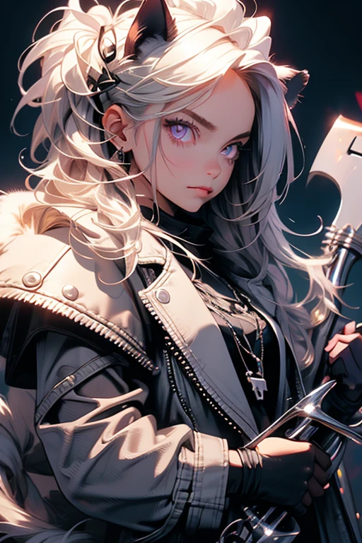 Perfect face. Perfect hands. A young silver haired woman with violet eyes and silver cat ears and a fluffy cat tail in a frilly leather jacket and jeans is holding her scythe in a haunted house.
