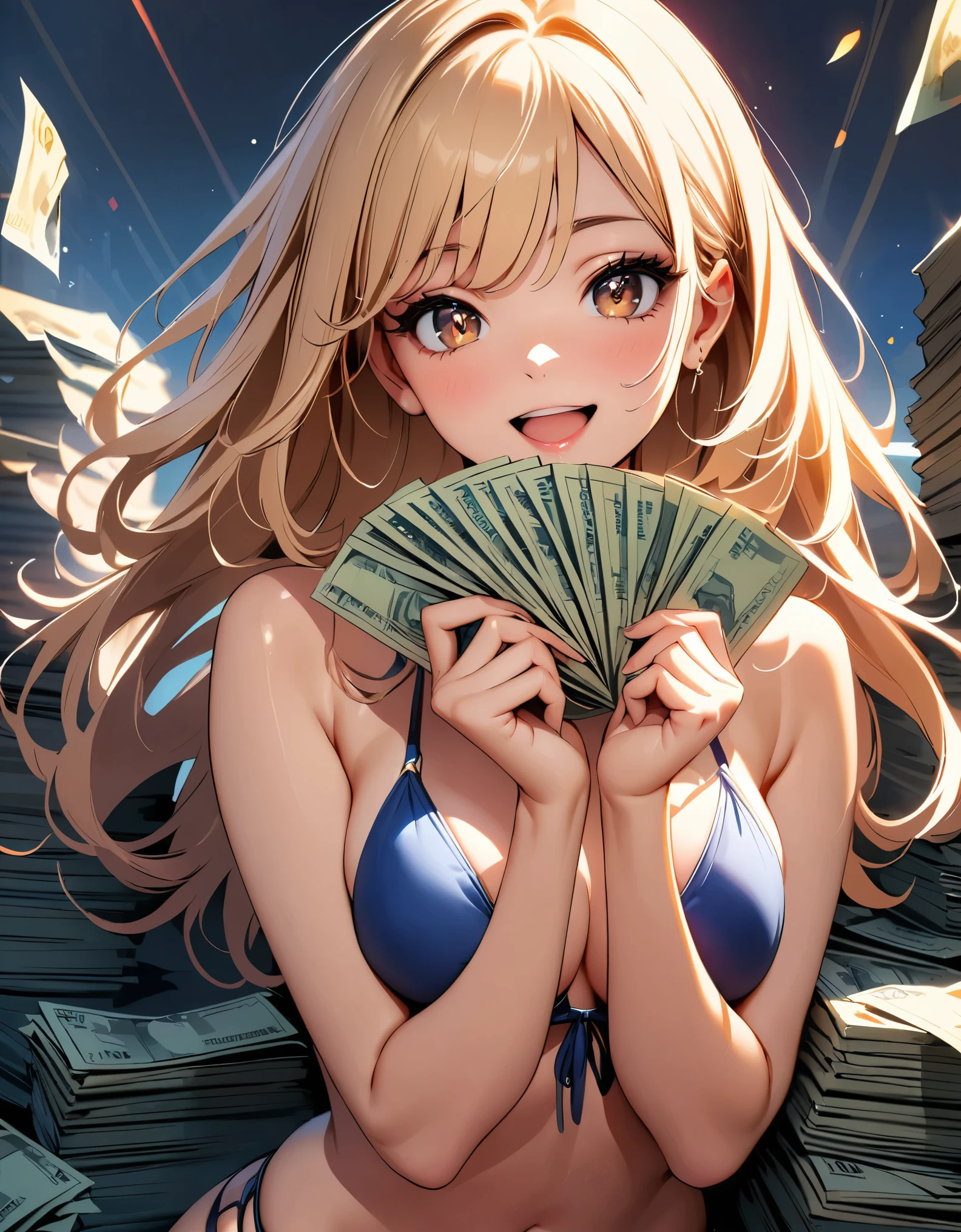 (Highest quality:1.2, Very detailed, up to date, Vibrant, Ultra-high resolution, High Contrast, masterpiece:1.2, Best aesthetics), (((1 person, beautiful girl))), super beautiful, A woman holding a lot of banknotes in both hands, Pile of bills, Holding a stack of bills, A big smile, Open your mouth, joy, Beautiful eyelashes, Beautiful brown eyes, Sparkle in the eyes, bikini, Achievers, into gold, Chiaroscuro, Random Pause,