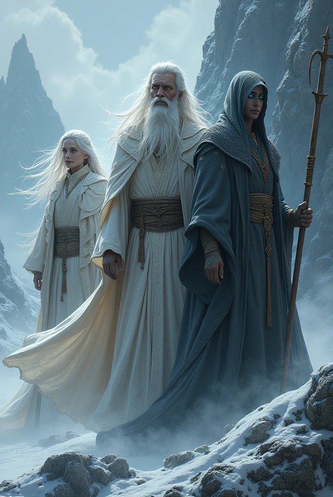 Mysterious and Powerful:
A solitary figure with windswept white hair, standing atop a snow-covered mountain.
A wise old man with long, flowing white hair, wearing traditional robes and holding a staff.
A mysterious woman with piercing blue eyes and short, silver hair, shrouded in shadow.