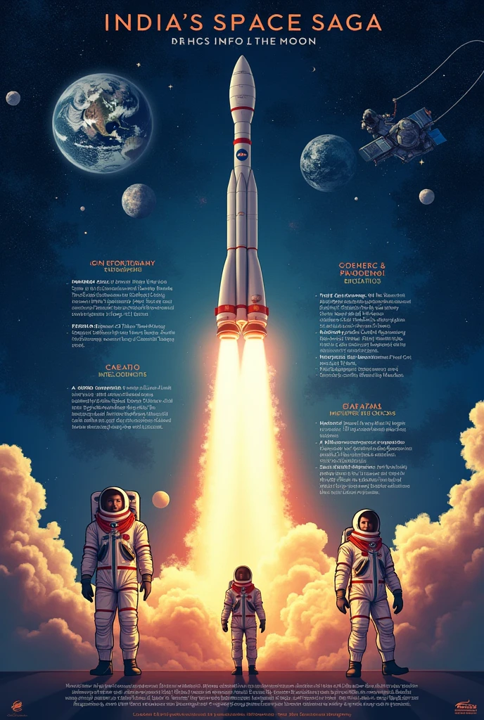 Title: Touching Lives While Touching the Moon: India’s Space Saga

Subtitle: Celebrating the Achievements and Aspirations of ISRO

Visual Elements:

Background: A starry night sky with a prominent image of the moon.
Central Image: An illustration or photograph of an ISRO rocket launching.
Additional Images:
Astronauts in space suits.
Satellite images of Earth.
Key ISRO missions like Chandrayaan and Mangalyaan.
Text Elements:

Introduction:
“Join us in celebrating the incredible journey of the Indian Space Research Organisation (ISRO).”
“From launching satellites to exploring the moon and Mars, ISRO has been a beacon of innovation and inspiration.”
Key Achievements:
“Chandrayaan Missions: Unveiling the mysteries of the moon.”
“Mangalyaan: India’s first interplanetary mission to Mars.”
“Gaganyaan: Preparing for human spaceflight.”
Impact on Society:
“Empowering education and communication through satellite technology.”
“Advancing scientific research and environmental monitoring.”
“Inspiring the next generation of scientists and engineers.”
Call to Action:
“Discover more about ISRO’s missions and how they are touching lives while touching the moon.”
“Visit [website/link] for more information and upcoming events.”
Design Tips:

Use bold and vibrant colors to capture attention.
Ensure the text is clear and readable.
Balance images and text to create an engaging and informative poster.
Feel free to customize this prompt to better suit your needs! If you need any specific design elements or further details, let me know.