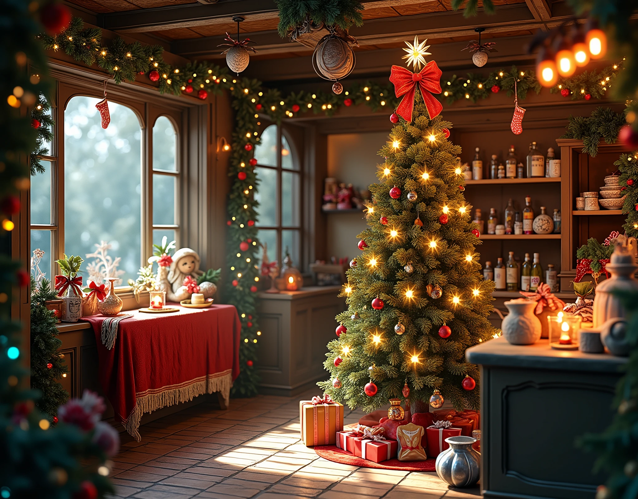 There is a room with Christmas decorations and a Christmas tree, Santa's workshop, inside an old magic shop, inside an old magic candy shop, in a potion shop, global lighting. vfx, rendering in maya and houdini, thomas kinkade. cute and cozy room, rendered in an unreal engine”, fantasy style octane 8k render, located in a magician's shop,without people
