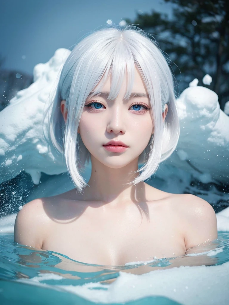 Highest quality, masterpiece, White Hair, Cyan eyes, ,White、, Realist, Floating Hair, the snow's,, Detailed face, winter, Green tree々, sunlight, Full Body, Detailed face, Adorable smile,Beautiful breasts,Beautiful feet
