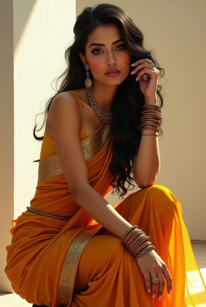 Indian lady of golden complexion wearing a knee length saree and crouching,super sexy legs