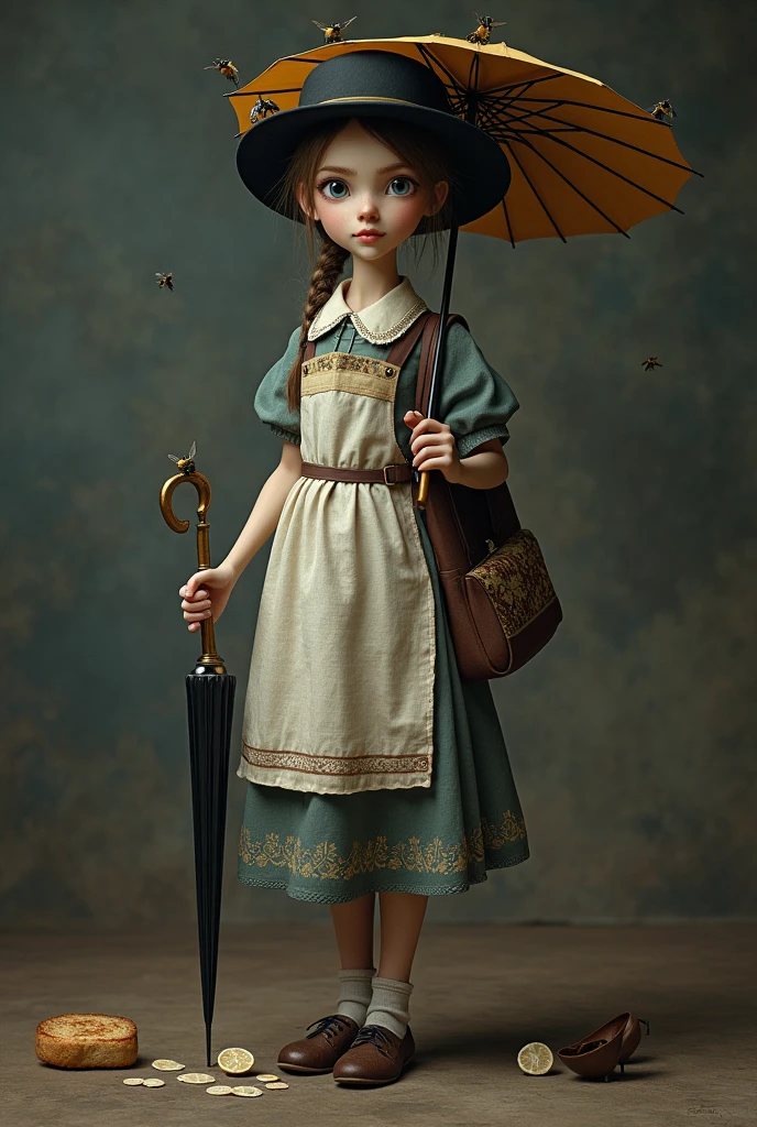 ((Best quality)), ((masterpiece)), (detailed), ((Best quality)), ((masterpiece)), (detailed), a young woman of unremarkable appearance ("She was thin, with big hands and feet and tiny blue eyes, which, it seemed, "They drill right through you"). She is distinguished by her neatness and excellent manners., Mary Poppins' shoes are always polished, the apron is starched, She smells like Sunshine soap and toast. The heroine's entire property consists of an umbrella and a large carpet. (tapestry) bags. with a black hat on his head, 3d