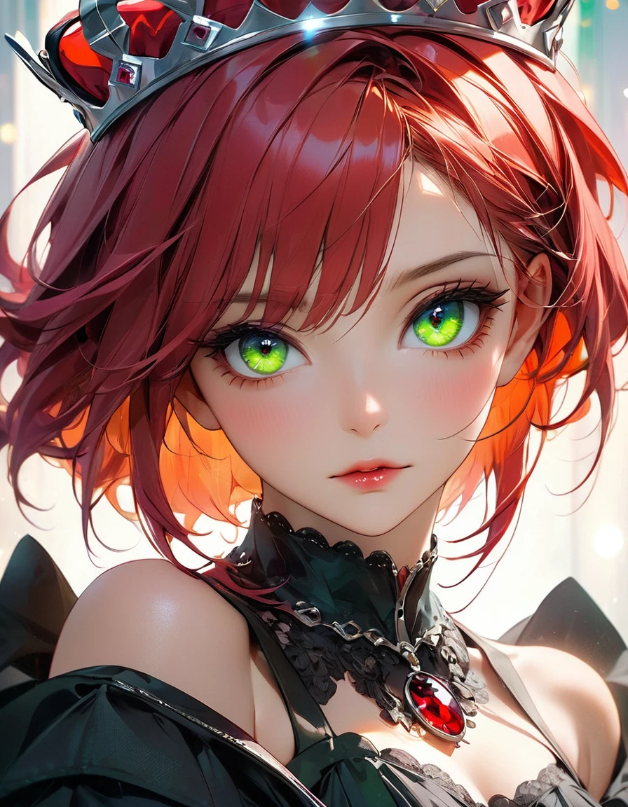 estilo filme de terror in 4D all verde florescente concept art by Pino Daeni, Jeremy Mann, Greg Rutkowski, Konstantin Razumov, Vladimir Volegov Realistic closeup portrait of a model 4k beautiful Arlequina sexy Sensual soft ONLY black diamond maquiagem nas sobrancelhas verdepink Neon eyes orange and red spirit, red threads, key light reflected in the eyes, red crown on the head, painted background, studio portrait, soft light, bezel lighting, shimmer in the eyes, bokeh background, picturesque, buff painting, (detailed faces:1. 3), (Detailed Eyes:1.3 8K,