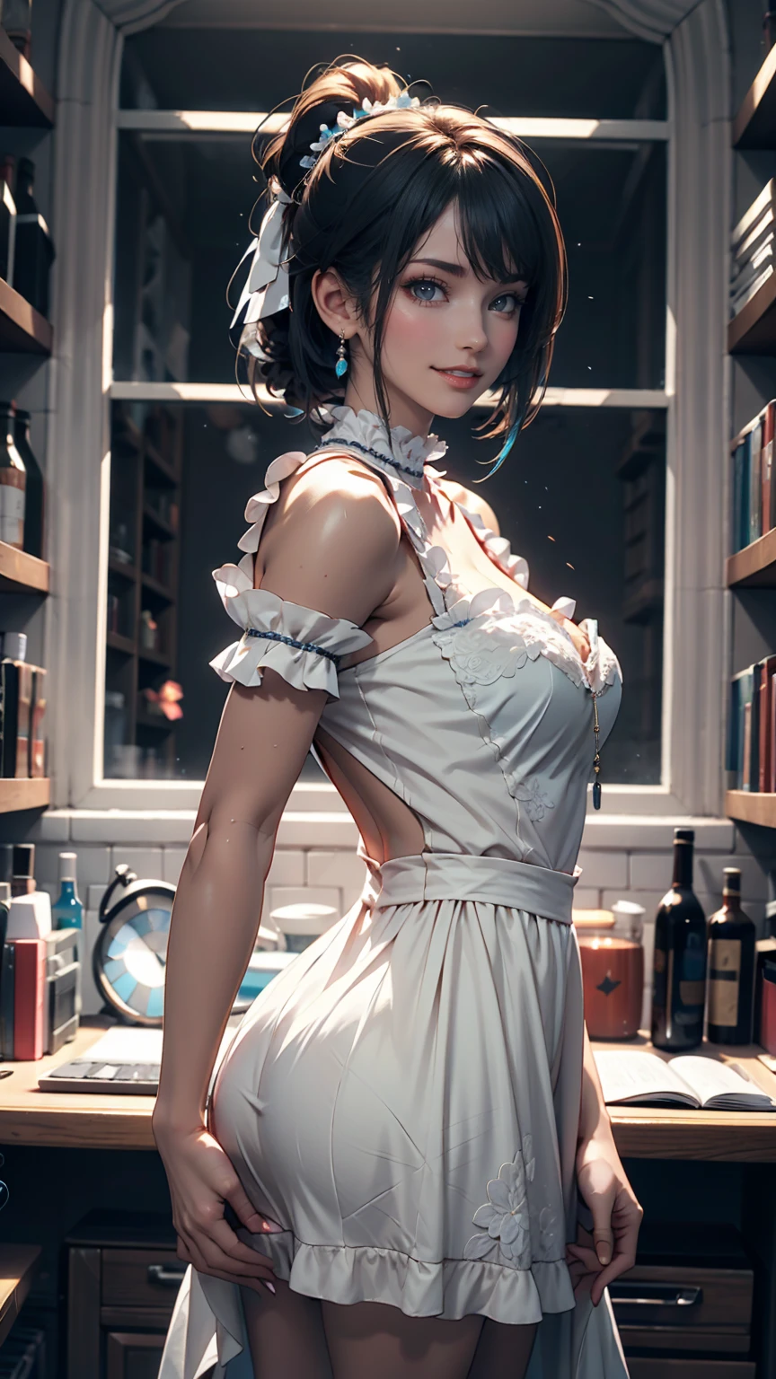 highly detailed, 8k, masterpiece, One person, Blue frills_hair_tube, dress, bend_that's all , Grin, (perfection_face), Sitting, machine, Brilliant, Complex, Dramatic lighting, 4K, detailed_background, Caustics, full_body, (Surreal:1.3), bloom,(Beautiful lighting:1.3), Caustics, Dynamic Lighting, Beautiful lighting,