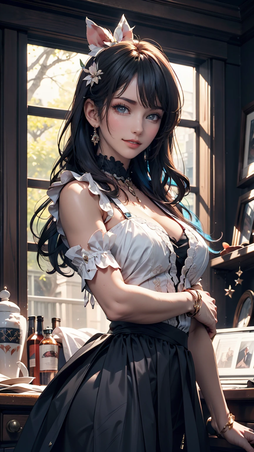 highly detailed, 8k, masterpiece, One person, Blue frills_hair_tube, dress, bend_that's all , Grin, (perfection_face), Sitting, machine, Brilliant, Complex, Dramatic lighting, 4K, detailed_background, Caustics, full_body, (Surreal:1.3), bloom,(Beautiful lighting:1.3), Caustics, Dynamic Lighting, Beautiful lighting,