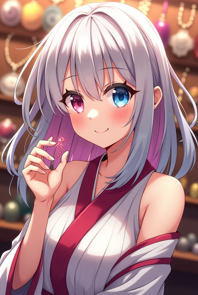 Anime Adult woman 3, shoulder length hair with long bangs, silver color with pink highlights, bicolor eyes, colors right light blue and left pink, friendly smile, tanned skin, japanese clothes, pose checking jewelry, jewelry background.