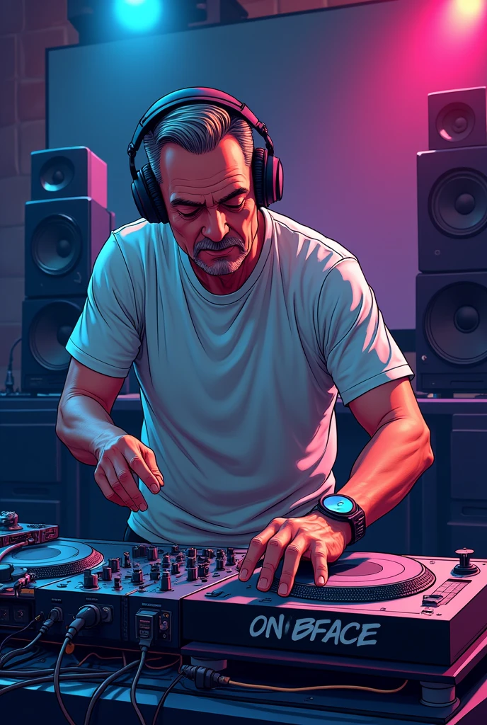 A middle-aged man with short hair, wearing headphones, standing in front of turntables, dancing to techno music, comic style illustration, legend, DJ, turntables, headphones, techno, 40-year-old man, comic style, short hair, dancer, t-shirt, (best quality,4k,8k,highres,masterpiece:1.2),ultra-detailed,(realistic,photorealistic,photo-realistic:1.37),vibrant colors,dramatic lighting