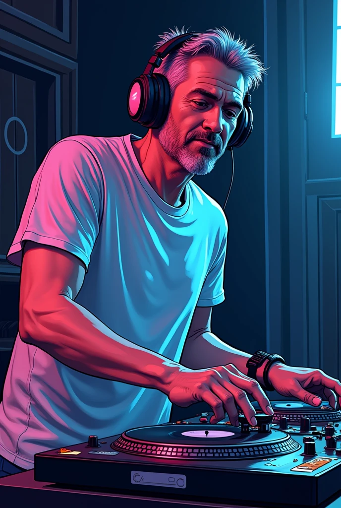 A middle-aged man with short hair, wearing headphones, standing in front of turntables, dancing to techno music, comic style illustration, legend, DJ, turntables, headphones, techno, 40-year-old man, comic style, short hair, dancer, t-shirt, (best quality,4k,8k,highres,masterpiece:1.2),ultra-detailed,(realistic,photorealistic,photo-realistic:1.37),vibrant colors,dramatic lighting