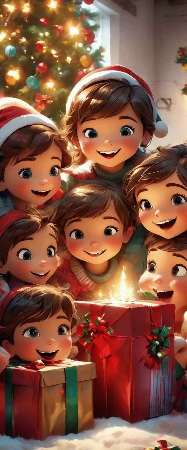 a group of happy children opening gifts in a festive Christmas scene, beautiful detailed eyes, beautiful detailed lips, extremely detailed eyes and face, long eyelashes, presents, Christmas tree, cozy interior, warm lighting, joy, excitement, (best quality,4k,8k,highres,masterpiece:1.2),ultra-detailed,(realistic,photorealistic,photo-realistic:1.37),holiday,Christmas,festive,cheerful,bright colors,vibrant