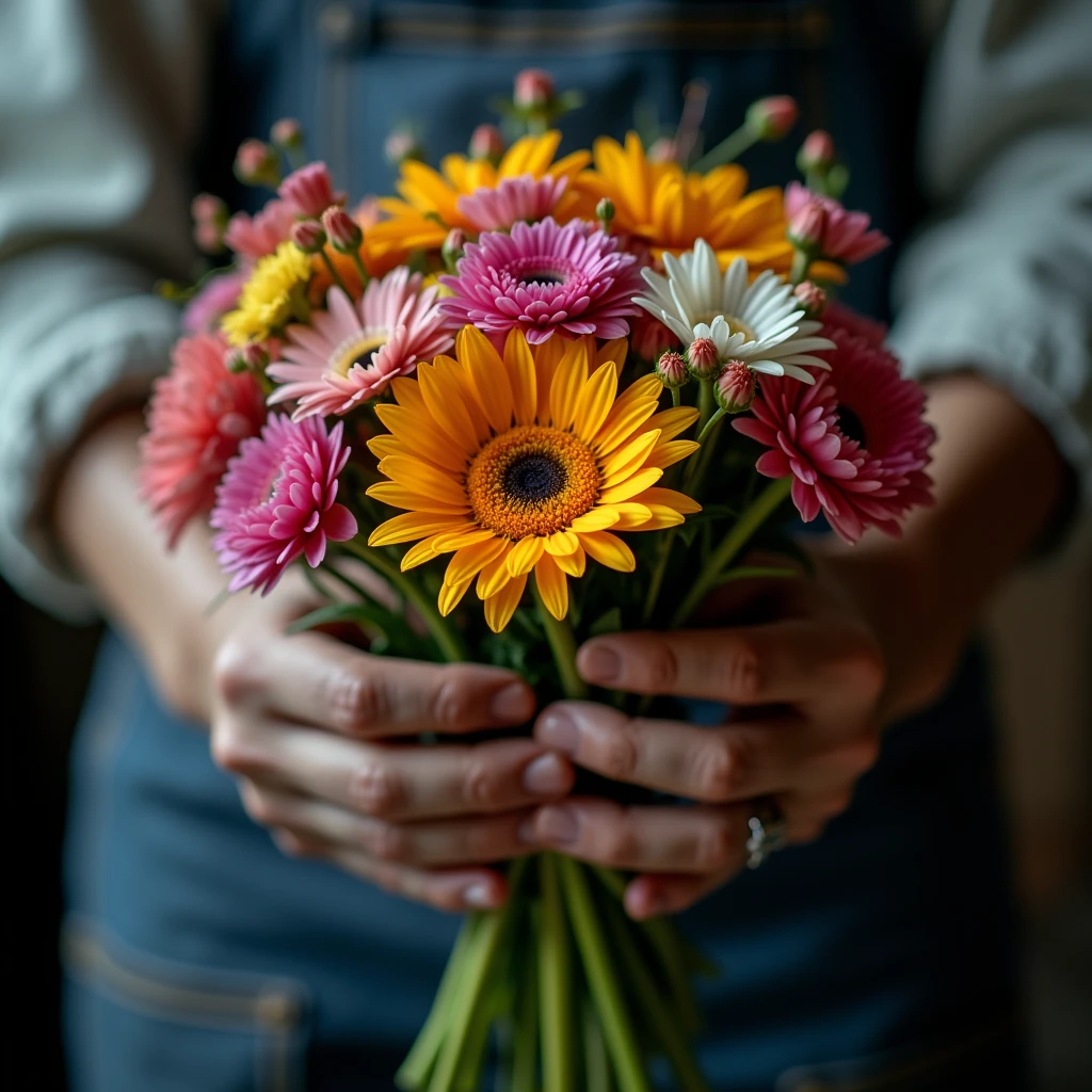 A close-up of a worker’s rough, calloused hands holding a bouquet of flowers, representing the balance between hard work and appreciation on Labor Day