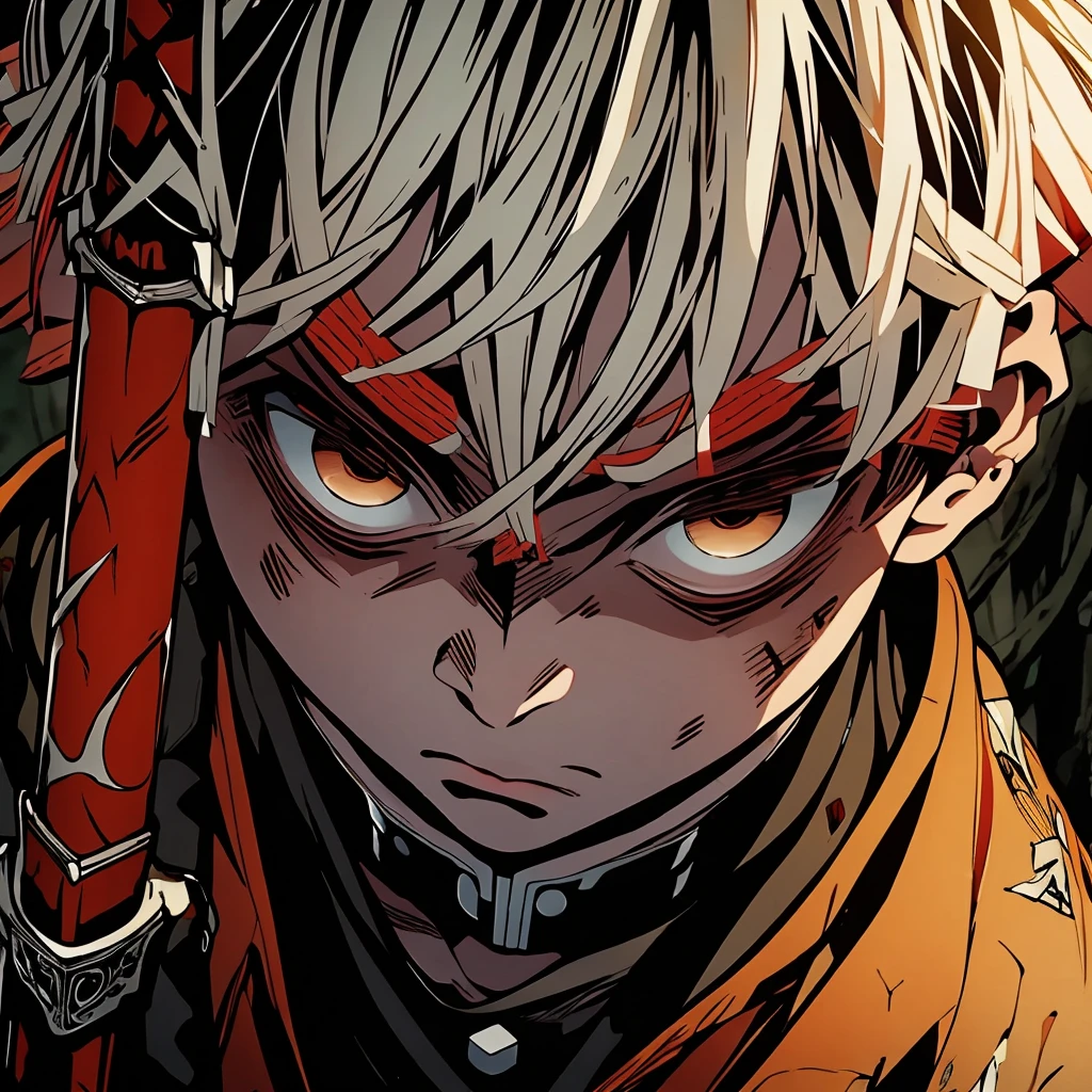 a dark skinned boy, with a red iris, aged six years, short kid, white hair, strong gaze, amidst the forest, vagabond art style, kentaro miura art style, berserk style, holding sword, Close up angle, basic sword fighting stance, pose, Agatsuma Zenitsu / Kimetsu no Yaiba, shining eyes 