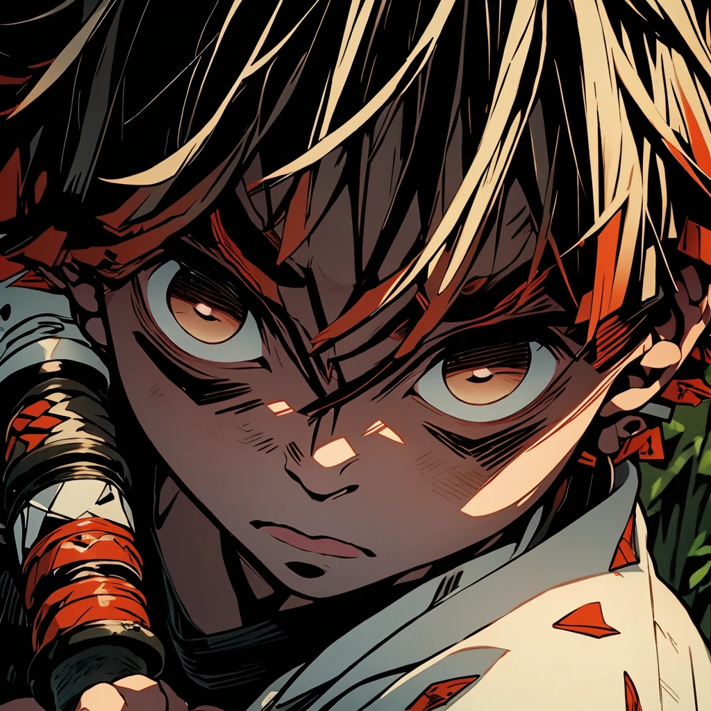 a dark skinned boy, with a red iris, aged , short kid, white hair, strong gaze, amidst the forest, vagabond art style, kentaro miura art style, berserk style, holding sword, Close up angle, basic sword fighting stance, pose, Agatsuma Zenitsu / Kimetsu no Yaiba, shining eyes 