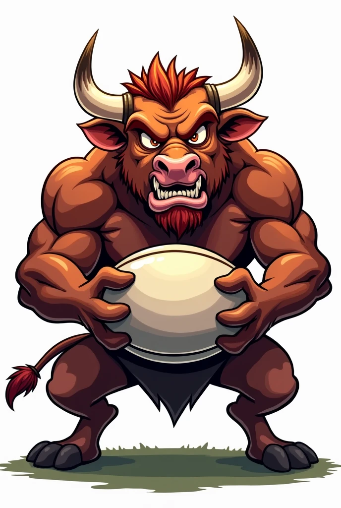 cartoon angry bull holding a rugby ball with transparent backdrop