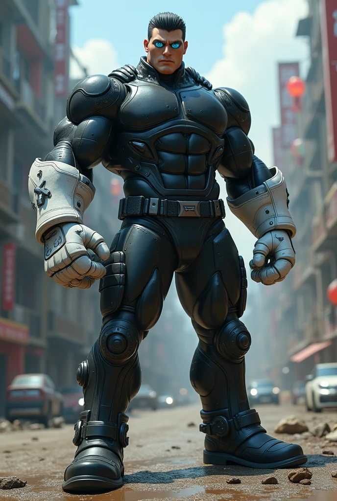 3D character, a very tall man dressed in a black commando suit, body-builder, Very short black hair, blue eyes, cute big circular reflective eyes, large white gloves, white combat boots, vampire dress, with Asian touches, a fusion between vlad plasmius, Hulk, zangetsu y picollo daimacu, (cinematographic composition), (pixar style:1.2), (CGI animation: 1.2), (Disney: 1.2), (Cartoon: 0.2), (Best Quality, masterpiece, 4k, ultra detailed, sharp focus, 8k, High Definition:1.2), (by Danny Mac 3D, por Follygon), (masterpiece: 1.2), absurdities